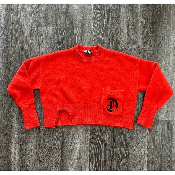 EUC Diesel Red Cropped Wool Cashmere Sweater Distressed Hem Logo Pocket Sz Small - Picture 3 of 16